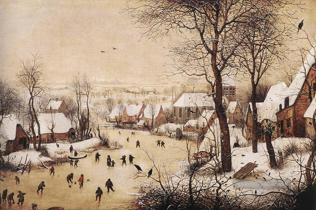 Winter Landschaft mit Schlittschuhläufern und Vogel Falle Flämisch Renaissance Bauer Pieter Bruegel der Ältere Ölgemälde